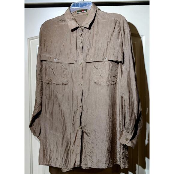 Vintage Outback Red Khaki Crinkle Silk Button Front Blouse Womans Size M - Picture 1 of 10